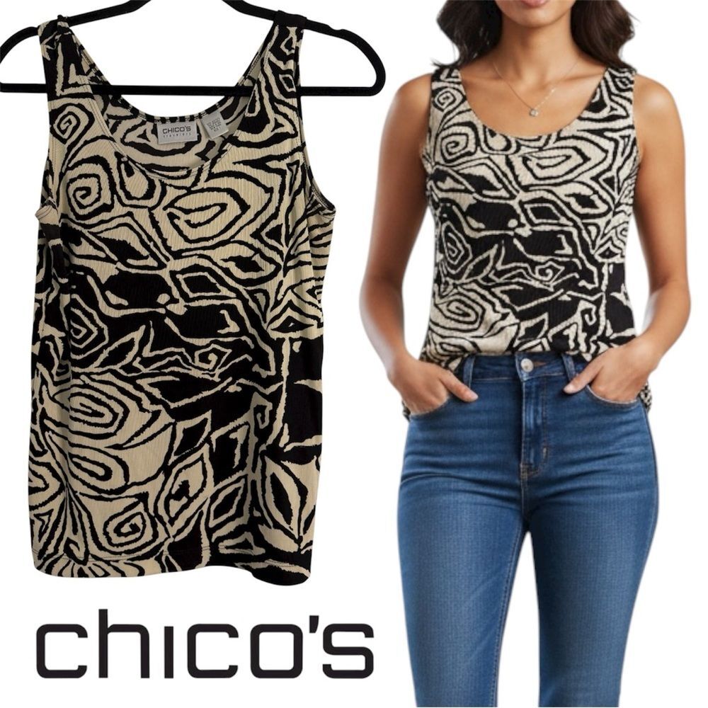 Chico's Travelers Abstract Print Wrinkle Resistant Black White Swirl Tank M